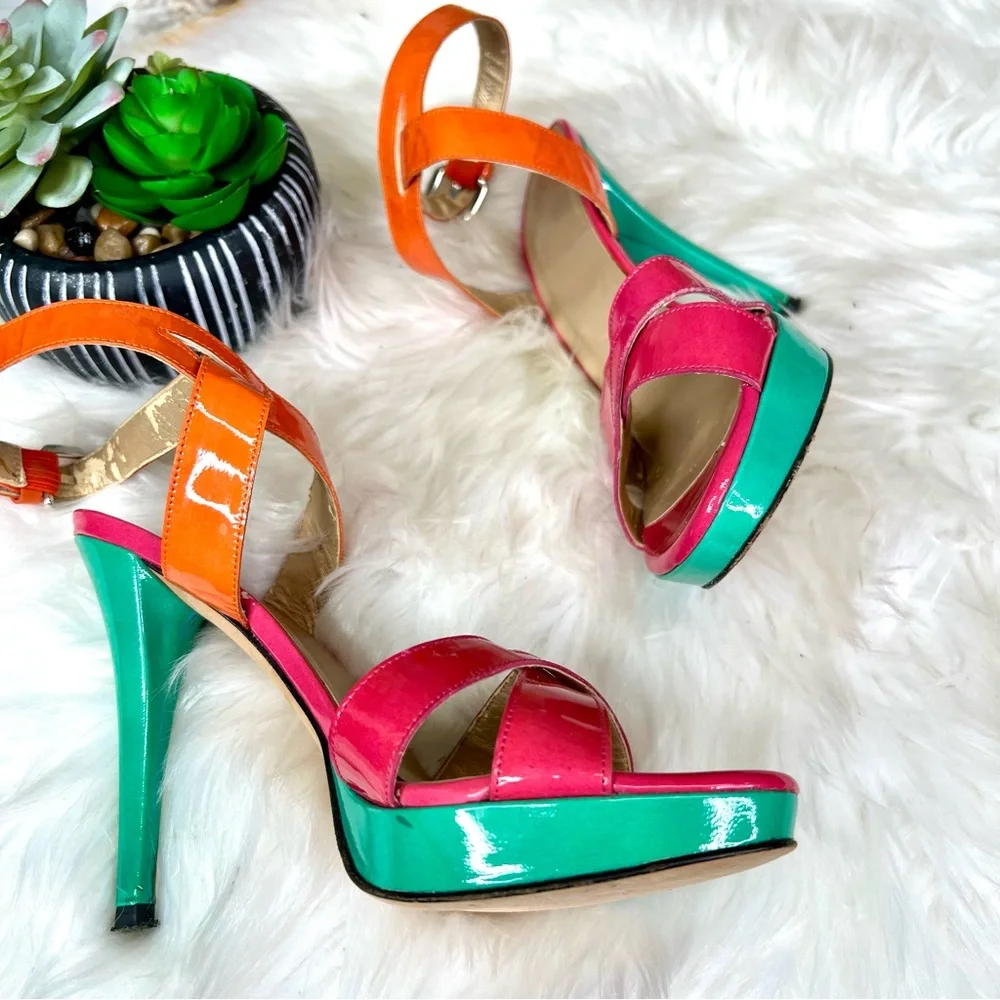 STUART WEITZMAN Patent Leather Multicolor Strappy Platform Sandals, 6.5 - Picture 14 of 15